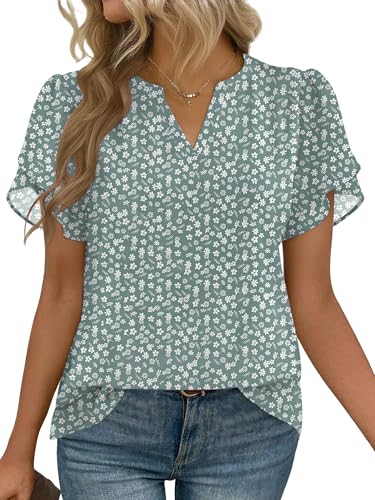 Image of Zeagoo Womens Short Sleeve Blouses Dressy Casual Shirts Summer Dress Tops Green Floral
