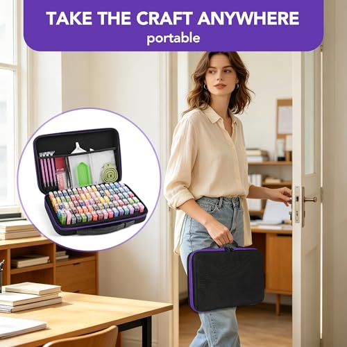 Image of MERATIA Diamond Painting Storage Case Organizer, 80 Slots with Accessories | Purple hard-shell case with 80 clear containers, fitted foam insert, mesh pocket and diamond art tools.