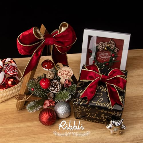 Image of Ribbli Red Velvet Wired Ribbon 1.5 Inch Metallic Red Gold Crushed Velvet Christmas Ribbon for Gift Wrapping Christmas Tree Decoration Crafts Wreaths Supplies-Continuous 10 Yards