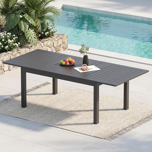 Expandable Aluminum Outdoor Dining Table, 3-Adjustable Lengths Patio Dining Table for 6-10 Person, 91.7' L x 33.5' W Metal Patio Table with Umbrella Hole Adjustable Feet for Garden Porch Deck, Grey