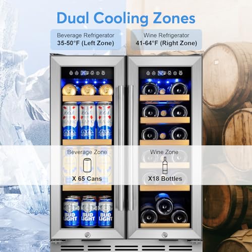 Image of Wine and Beverage Refrigerator with Glass Door, 24-Inch Dual Zone Wine Fridge Under Counter - 18 Bottle and 88 Can Large Capacity Led Blue Light Smart Fast Cooling Wine Cooler