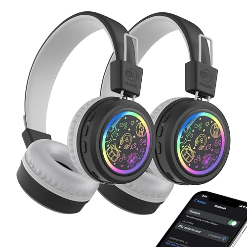 Image of MEE audio KidJamz Share Bluetooth Headphones for Kids with LED Lights, 85dB Volume Limiter, Microphone, 40h Battery; Childrens Headset for School /iPhone /iPad /Tablet (Model: KJ55BT-S, 2-Pack)