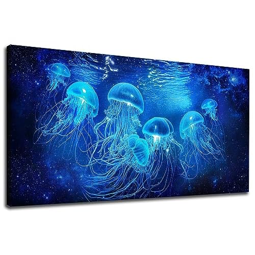 NINEASO Blue Jellyfishes Canvas Wall Art - Marine Life Pictures for Wall Decor Ocean Underwater World Canvas Painting Sea Scenery Canvas Print Artwork for Living Room Home Office Decoration