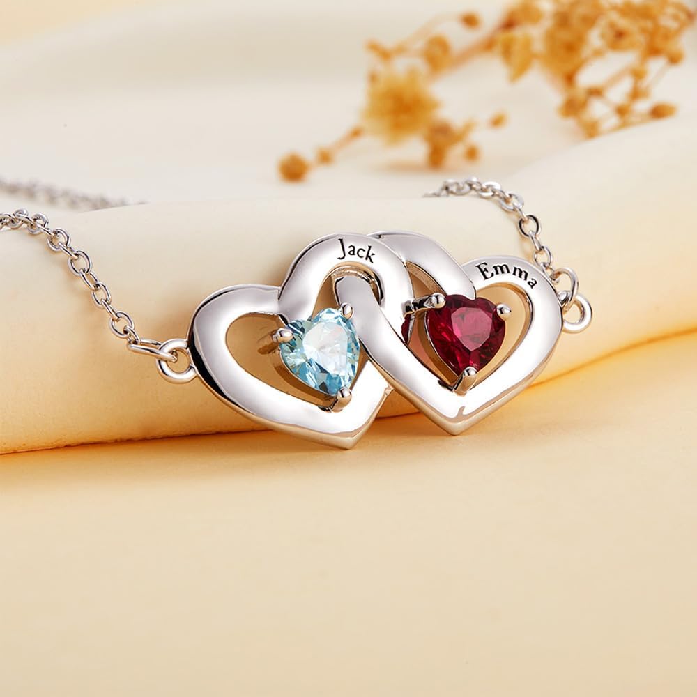 AILIN Personalized Interlocking Heart Necklace with 2 Simulated Birthstones and Names 925 Sterling Silver/Brass Custom Girlfriends Necklace Valentine's Day Birthday Gift for Her Women Mother - Image 2