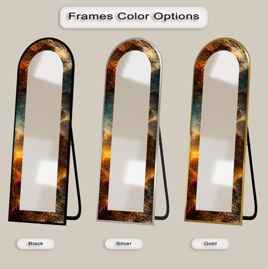 23,5’’W x 67’’H Molten Copper Texture Print – Abstract Floor Mirror Arched Full Lenght Mirror - Arch Full Body Stained Floor Mirror with Black Frame with Black Frame