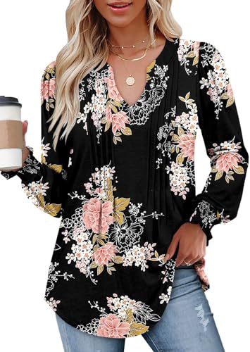 BETTE BOUTIK Long Sleeve Shirts for Women Fall Tops Dressy Blouses Pleated V Neck Tunic Tops for Leggings S-3XL