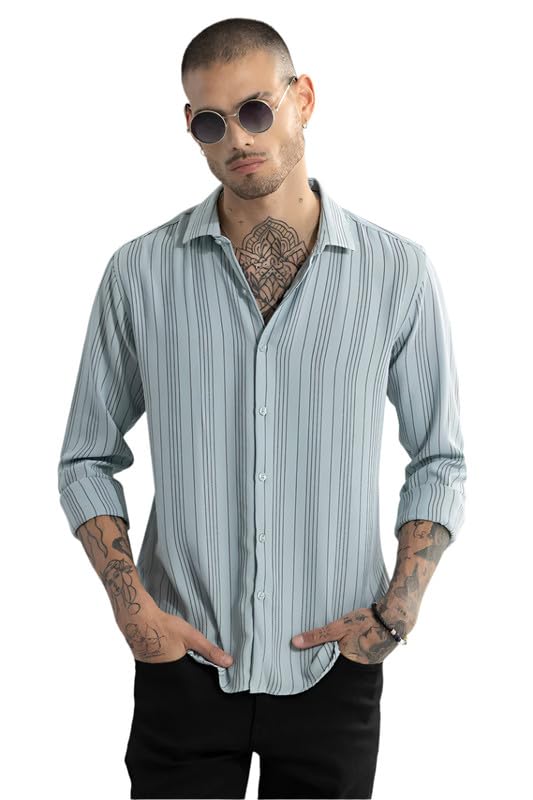 Image of SNITCH Men Casual Shirt | Slim Fit Full Sleeve Spread Collar Vertical Stripe Design | Premium Rayon Blend & Textured Fabric for College & Everyday Wear
