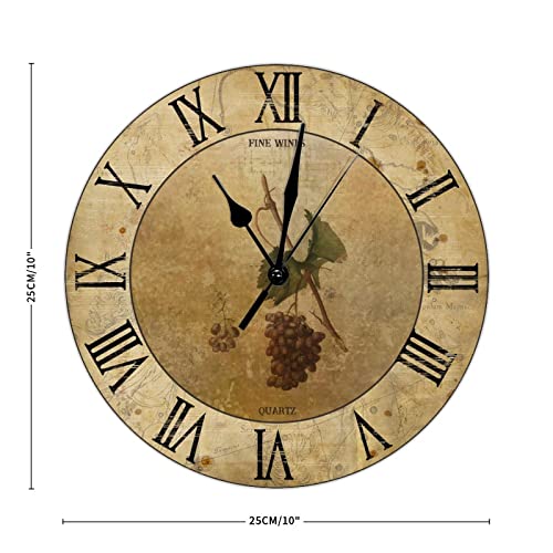 Vintage Fine Wines Quartz Wood Wall Clock Non Ticking Silent Wood Wall Clocks Purple Grape Rustic Wall Clocks Country Tuscan Style For Kitchen Bedroom Office Round Clock 10Inch Birthday Gift #TOP1