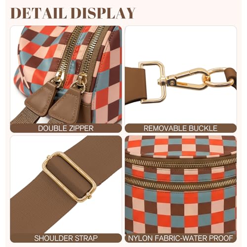 Image of WOOMADA Checkered Crossbody Bag Bum Bag for Women, Spacious Nylon Fanny with Removable Wallets(Sunset Checkerboard)