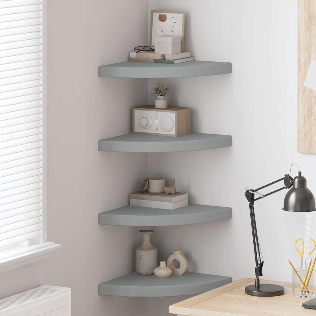 Mensole angolari sospese in MDF, 4 pezzi, grigio, 35 x 35 x 3,8 cm, in metallo, per soggiorno, camera da letto, cucina, bagno, corridoio, ufficio, portaoggetti da appendere, mensola da