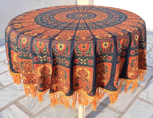 Image of Dining Round Tablecloth 100% Cotton Multicolor Floral Bird Printed 4-6 Seater Round Table Cover with White Fringed Lace Border 75 inch (Orange red Blue RHF-5014)