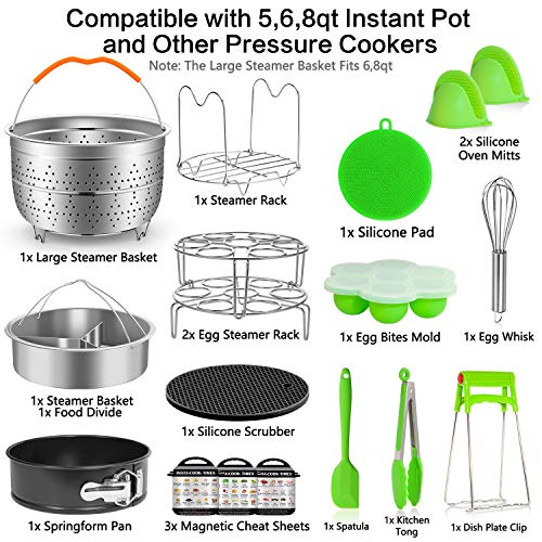 Mibote 19 Pcs Pressure Cooker Accessories Set fits Instant Pot 5,6,8 Qt, Steamer Baskets, Springform Pan, Egg Steamer Rack, Egg Bites Mold, Kitchen Tong, Silicone Pad, Oven Mitts, Cheat Sheet Magnet