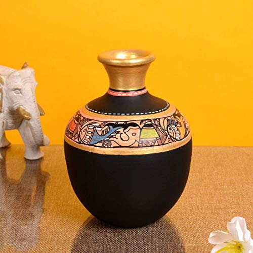 Image of Aakriti Art Creations Vase Earthen Black Madhubani Set of 3 | Handmade Terracotta Flower Vases | Matte Finish Madhubani Art Decorative Vases for Living Room, Table Decor & Gifting