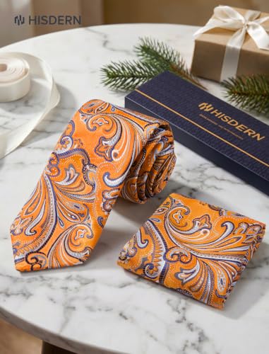 Image of HISDERN Extra Long Ties for Men Classic Floral Tie and Pocket Square Elegant Silk Necktie Handkerchief Set Wedding Party