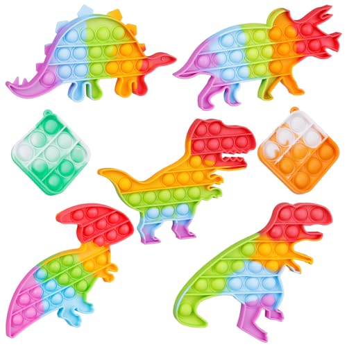 Dinosaur Pop Fidget Toys Set, Silicone Rainbow Dinosaur Popper Fidget Set for Children, Sensory Squeeze Toys Stress Reliever Tool for Kids Adult ADHD T-Rex 7 Pack