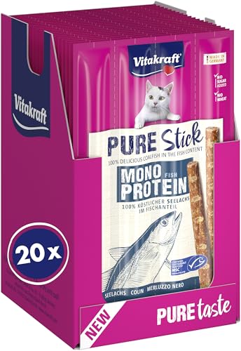Vitakraft Pure Stick, snack gatto, bastoncino con carne, snack con salmone, bastoncini singoli, anche per gatti sensibili dal punto di vista alimentare, confezione scorta (20x 20g)