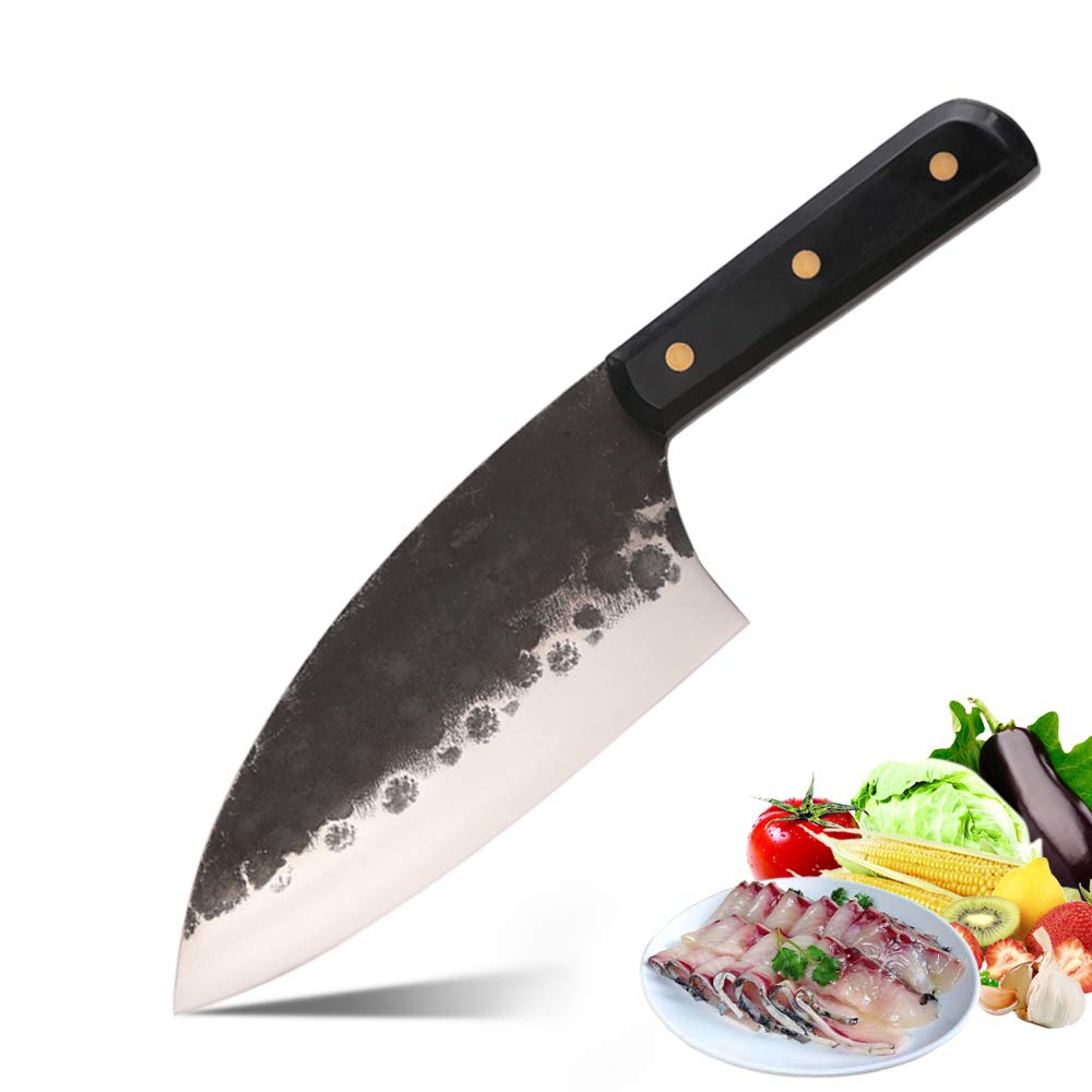 DENGJIA Chef Knife 7 Inch Butcher Knife Filet & Bait Knifes,Meat Cleaver and Vegetable Knife with Full Tang Erganomic Carbonized Wood Handle.