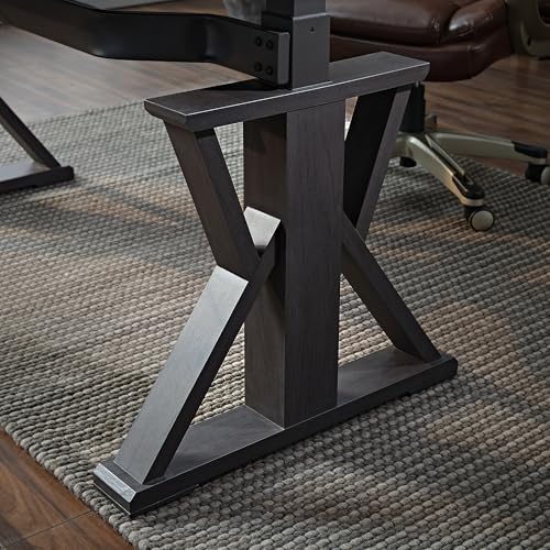 Image of EUREKA ERGONOMIC Leather Standing Desk, 60 inch Executive Desk with Drawers,Modern Oak Grain X-Shaped Leg Sit Stand Desk, Charge Power Outlet Luxury Home Office Computer Desk