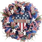 Idyllic 22 Inch Patriotic Wreath, Red White Blue Ribbon Wreath with Wooden Heart Sign & Stars, Memorial Day Veterans Day Decor for Front Door