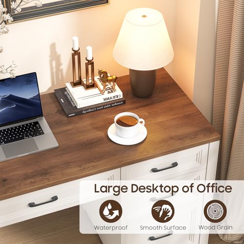 Image of Vabches Farmhouse Executive Desk, Wood Home Office Desk with 2 Large File Drawers and 5 Storage Cabinets, Rustic Writing Desk for Work and Study, Brown