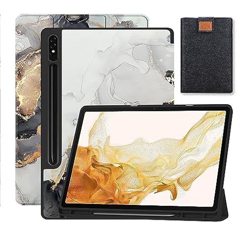 AiGoZhe for Samsung Galaxy Tab S9 Plus 12.4 inch Case (SM-X810/X816B/X818U) with Pencil Holder, Slim Soft TPU Shell Trifold Stand Cover Auto Wake/Sleep for Galaxy S9+ 2023, Gray Gold Marble Cover
