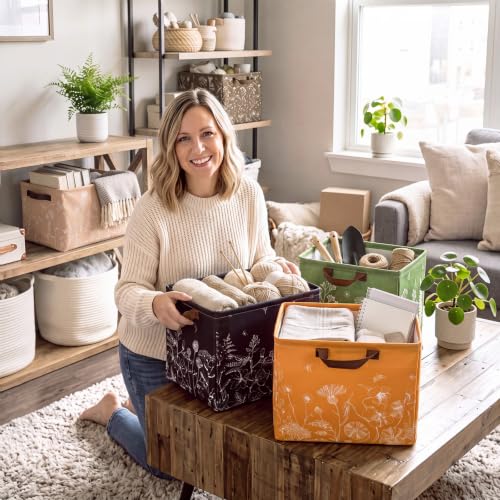Image of Fourluoo 6 Pack Floral Storage Basket with Handles Clothes Storage Basket Bin Foldable Box Bins Organizer for Closet Shelf Nursery Kid Room Book Toy Chest(6, Simple Floral)