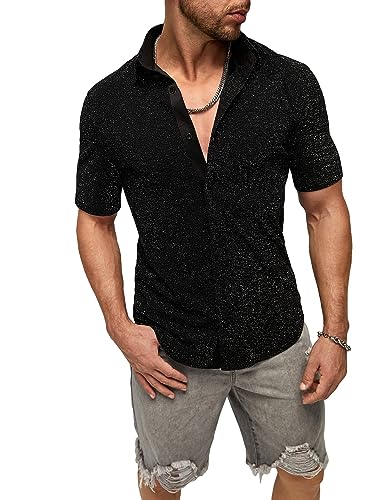 WDIRARA Men's Button Front Short Sleeve Collar Glitter Shirt Metallic Party Club Tops