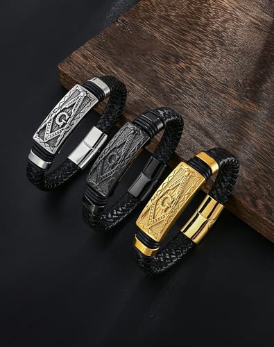 YL Cross Viking Skull Masonic Bracelet, Mens Leather 18K Gold/Rhodium Plated Stainless Steel Scorpion Owl Christian Bible Verse Military Hero Handcrafted Cuff Jewelry Gifts for Women2