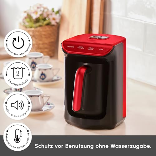 KARACA Hatır Köz Türkische Kaffeemaschine, 300 ml Kapazität, Bereitet 5 Tassen Türkischen Kaffee, Automatische Abschaltung & Temperaturregelung, Authentischer Holzkohle-Geschmack, 535W, Rot