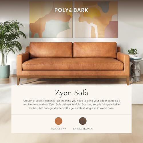 Image of POLY & BARK Zyon 90 inch Sofa - Saddle Tan Full-Grain Pure-Aniline Italian Leather, Feather-Down Cushions, Solid Wood Base & Legs, Mid-Century Modern Design