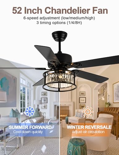 Image of 52'' Black Chandelier Fan Crystal Farmhouse Ceiling Fan with Light