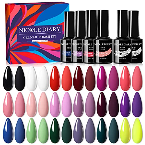 nicole gel polish - NICOLE DIARY Gel Nail Polish Kit 20 Pcs Neon Pink Nude White Black Glitter Gel Polish Kit Fall to Winter Gel Polish Set with Glossy & Matte Top Coat and Base Gel Starter Gift Set