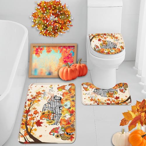 Britimes Juego de 3 tapetes de baño con diseño de gnomos otoñales y calabazas, para el baño, diseño de calabaza, color naranja otoñal, antideslizante, lavable, decoración para cocina y baño