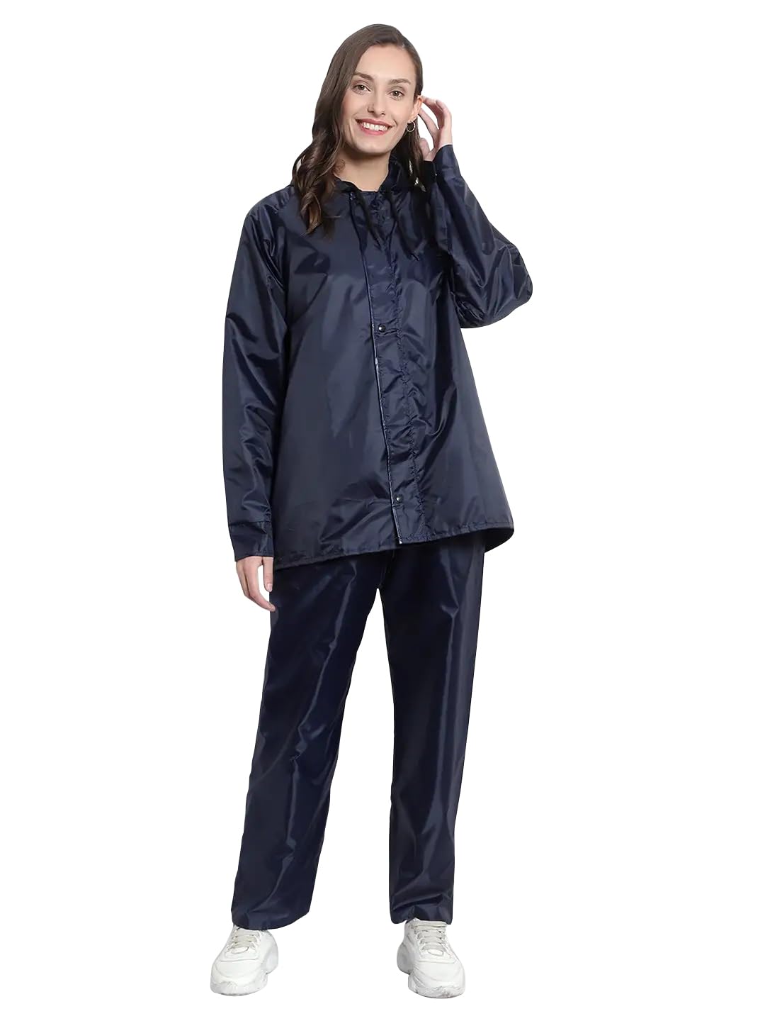 Grey Waterproof Raincoat with Pants Polyester Double Layer Rain Coat For Women Bike RainSuit Jacket Suit Inner Mobile Pocket with Storage Bag (Women 129)