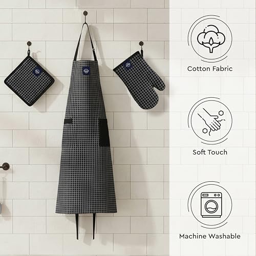 Image of Encasa XO 100% Cotton Apron Set for Women & Men with Adjustable Apron, Oven Gloves & Pot Holder (Pack of 3) Combo, Heat-Resistant, Soft & Durable for Cooking, Baking & Grilling (Butcher Checks Black)