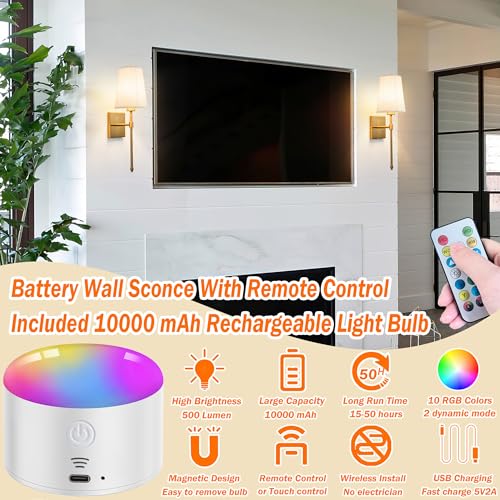 Image of Battery Operated Wall Sconce Light Set Of Two, Battery Operated Sconces Wall Lighting Indoor Wireless Wall Sconce With Remote Control, Dimmable Battery Wall Lamp With 3CCT Bulb For Bedroom Living Room