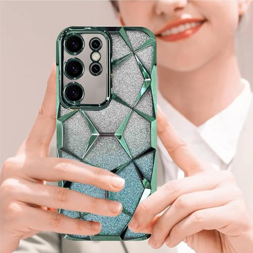 Image of VONZEE Gradient Glitter Clear Case for Samsung S25 Ultra, Luxury Electroplated 3D Cube, Diamond Bling Shiny Soft TPU Clear Shockproof Women Girls Protective Phone Cover (Green)