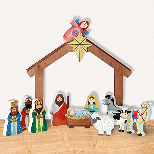 Kids Nativity Wooden Set, 12pcs First Christmas Story Decoration Holiday Manger Nativity Scene Playset for Indoor Home Display, Tabletop, Mantle