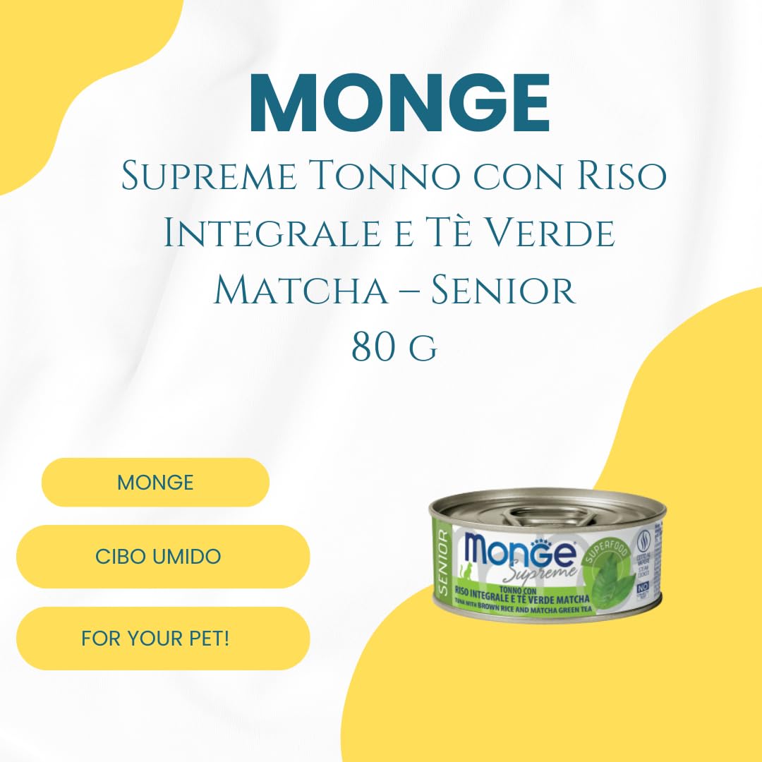 Monge Gato húmedo atún con arroz integral y té verde matcha – Alimento húmedo equilibrado para gatos mayores, sin conservantes ni colorantes, fabricado en Italia, 12 latas de 80 gramos