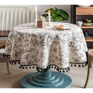 F CHU Floral Round Tablecloth 60 Inch Cotton Linen Table Cloth with Tassels for Restaurant Picnic Indoor and Table Cover Home Decoration FloralBlack White