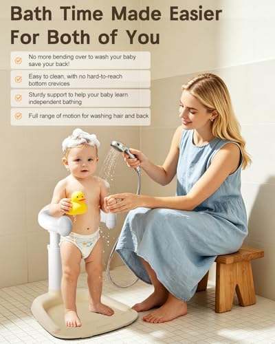 Image of COOSEYA Baby Shower Stand, Toddler Bath Stand Support with Thicker Colum, Anti-Pinch, Anti-Slip Base, Adjustable Shower Holder for Toddler Standing (Khaki)