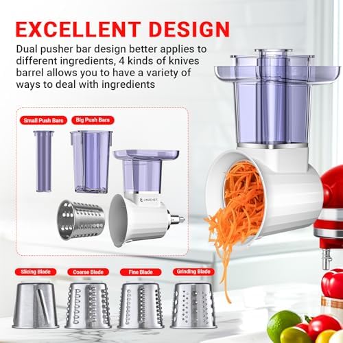 Slicer & Shredder Attachment for Kitchen Aid Stand Mixers, with 2.8IN Large Feed Chute, Oversized Cheese Grater Accessories with 4 Food Grade Blades, 304 Stainsless Steel, Dishwasher Safe - Thumbnail 4