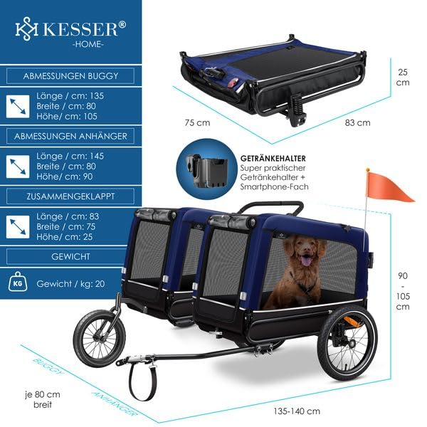 KESSER® Hundeanhänger Boxer 3-in-1 Hundebuggy & Jogger Fahrradanhänger groß ca. 240 Liter Volumen, gefedert, Material: 600D Oxford Canvas, SmartSpace Concept, maximale Belastbarkeit: 40 kg