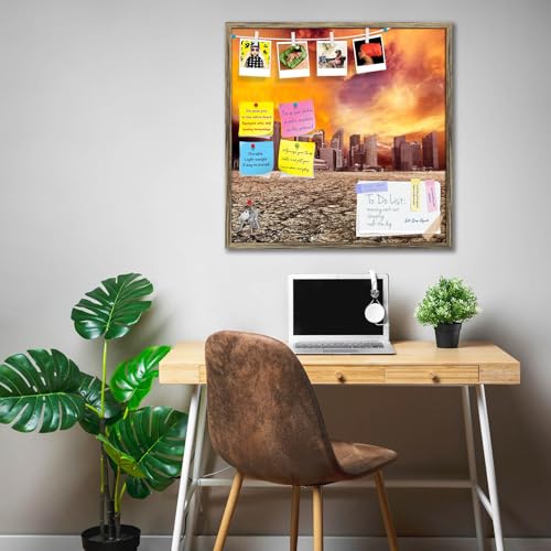 Image of ArtzFolio City Overlooking Desolate Desert | Bulletin Board Notice Pin Board | Vision Soft Board Combo with Thumb Push Pins & Sticky Notes | Antique Golden Frame | 20 x 20 inch (51 x 51 cms)