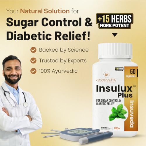 Image of Insulux Plus Blood Sugar Support Capsules | Helps Support Glucose Balance with Gymnema, Karela & Jamun | 100% Ayurvedic Herbal Supplement with 12 Plant Based Ingredients | Metabolism & Energy Support | 60 Capsules (Pack of 2)