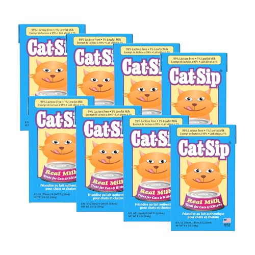 PetAg Cat-Sip Real Milk Treat - 8 oz, 8 Pack - Ready-to-Feed Snack for Cats & Kittens - Easy to Digest with 99% Lactose-Free, Low-Fat Grade A Milk - Encourages Hydration - Promotes Eye & Heart Health