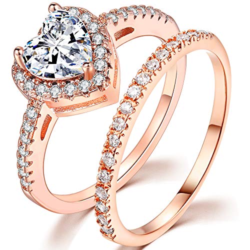 Rhodium Plated Heart Shaped Wedding Engagement Bridal Ring Eternity Band Set (Rose Gold, 10)