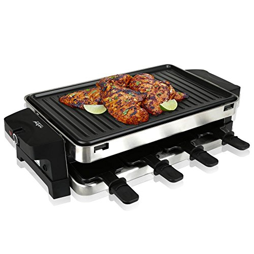 NutriChef Raclette Grill, Raclette Cheese, 8 Person Two-Tier Party Cooktop, Metal Grill Surface