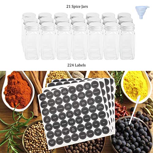 3 Tier Cabinet Spice Rack Organizer with 21 Empty Glass Spice Jars (4oz), 224 Spice Labels, Chalk Marker and Funnel Set, for Pantry, Cupboard or Countertop