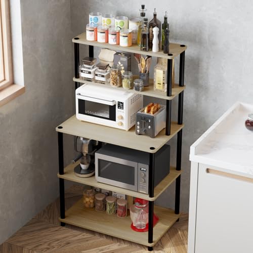 Image of HOME CUBE Engineered Wood,Plastic 5 Layer Kitchen Microwave Stand,Microwave Oven Rack,Baker's Rack,OTG Stand,Kitchen Storage Rack with Shelves,Spice,Space Saving Storage Organizer(60.5x40x118cm)